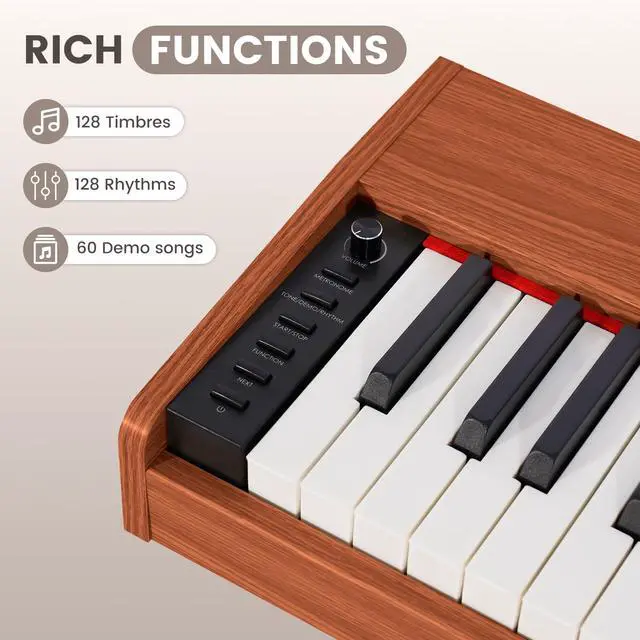 Alt view image 5 of 7 - Digital Piano 88 Key Semi Weighted Keyboard, Full-size Electric Piano for Beginners, Wooden Electric Keyboard with Sustain Pedal, Headphone, cover, Supports MIDI Connecting (Brown)