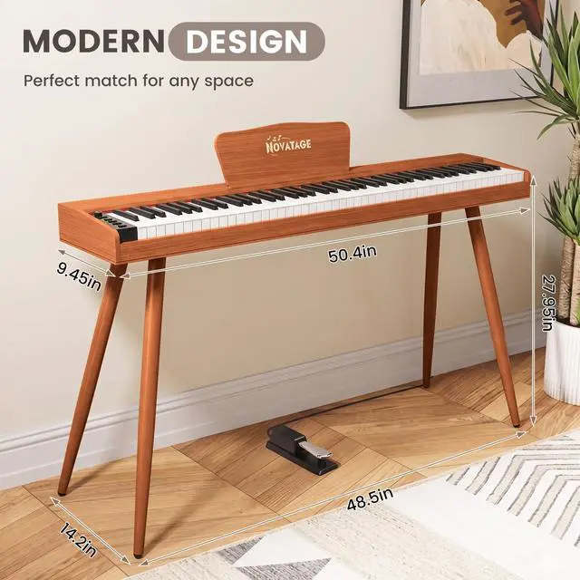 Alt view image 6 of 7 - Digital Piano 88 Key Semi Weighted Keyboard, Full-size Electric Piano for Beginners, Wooden Electric Keyboard with Sustain Pedal, Headphone, cover, Supports MIDI Connecting (Brown)