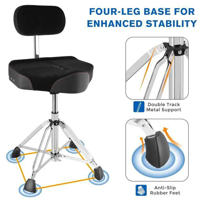 Alt view image 6 of 7 - Drum Throne with Backrest 4-Leg,Hydraulic Drum Stool Height Adjustable,Heavy Duty Drum Stools,Motorcycle Style Swivel Drum Seat Drum Chair for Adult Drummer(Black)