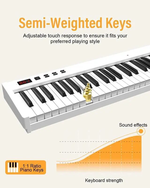 Alt view image 2 of 7 - 88 Key Semi Weighted Keyboard Piano, Full Size Digital Piano with Double X Stand, Portable Keyboard Piano for Beginner Include Sustain Pedal, Power Supply and Piano Bag - White