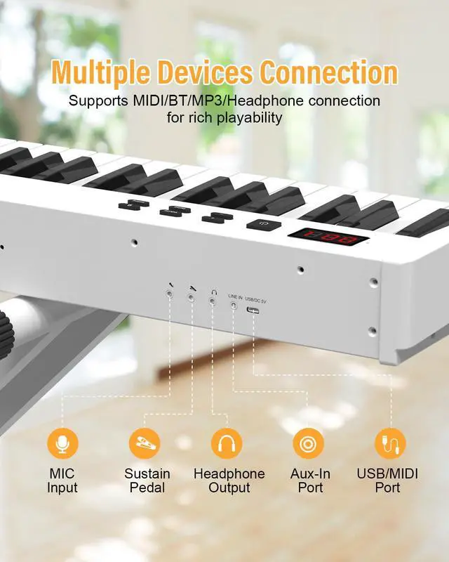 Alt view image 3 of 7 - 88 Key Semi Weighted Keyboard Piano, Full Size Digital Piano with Double X Stand, Portable Keyboard Piano for Beginner Include Sustain Pedal, Power Supply and Piano Bag - White