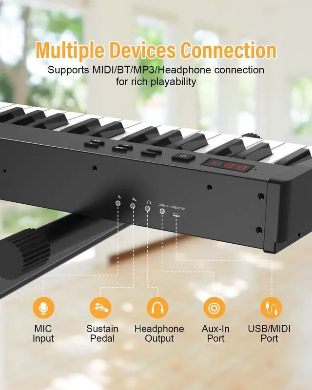 Alt view image 4 of 7 - 88 Key Semi Weighted Keyboard Piano, Full Size Digital Piano with Double X Stand, Portable Keyboard Piano for Beginner Include Sustain Pedal, Power Supply and Piano Bag - Black