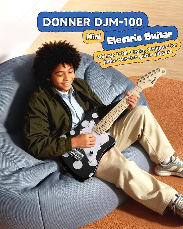 Alt view image 2 of 7 - 30 Inch Kids Electric Guitar Beginner Kit (Polka Dot) | Short Scale Starter Pack for Boys & Girls, with Mini Amp, Strap, Picks, Turner, Clear Sound and Kid-Friendly Finish, DJM-100