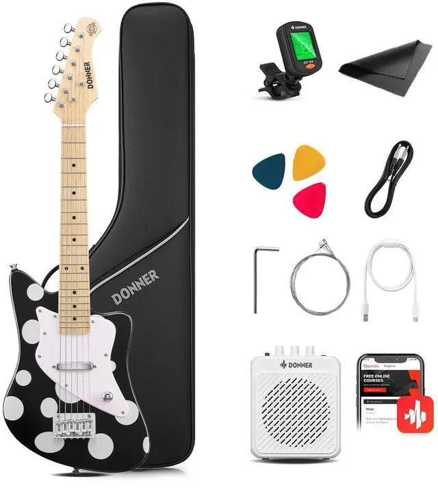 Main image of 30 Inch Kids Electric Guitar Beginner Kit (Polka Dot) | Short Scale Starter Pack for Boys & Girls, with Mini Amp, Strap, Picks, Turner, Clear Sound and Kid-Friendly Finish, DJM-100