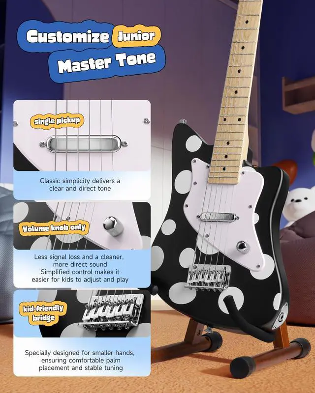 Alt view image 3 of 7 - 30 Inch Kids Electric Guitar Beginner Kit (Polka Dot) | Short Scale Starter Pack for Boys & Girls, with Mini Amp, Strap, Picks, Turner, Clear Sound and Kid-Friendly Finish, DJM-100