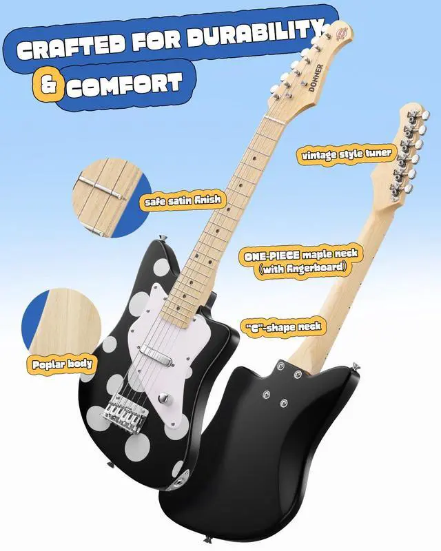Alt view image 4 of 7 - 30 Inch Kids Electric Guitar Beginner Kit (Polka Dot) | Short Scale Starter Pack for Boys & Girls, with Mini Amp, Strap, Picks, Turner, Clear Sound and Kid-Friendly Finish, DJM-100