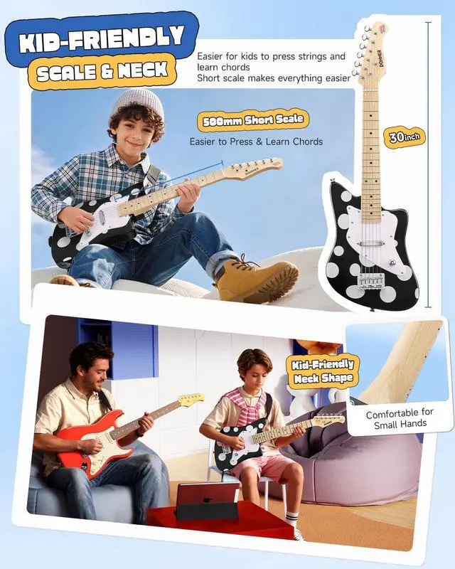 Alt view image 5 of 7 - 30 Inch Kids Electric Guitar Beginner Kit (Polka Dot) | Short Scale Starter Pack for Boys & Girls, with Mini Amp, Strap, Picks, Turner, Clear Sound and Kid-Friendly Finish, DJM-100