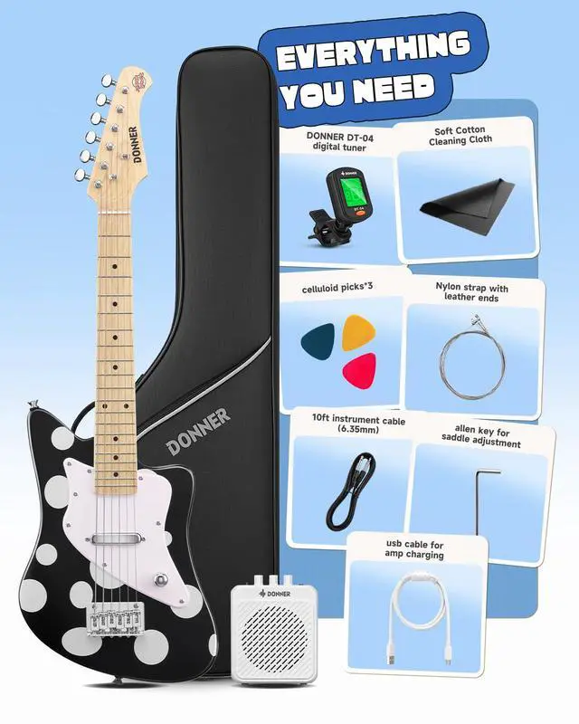Alt view image 7 of 7 - 30 Inch Kids Electric Guitar Beginner Kit (Polka Dot) | Short Scale Starter Pack for Boys & Girls, with Mini Amp, Strap, Picks, Turner, Clear Sound and Kid-Friendly Finish, DJM-100