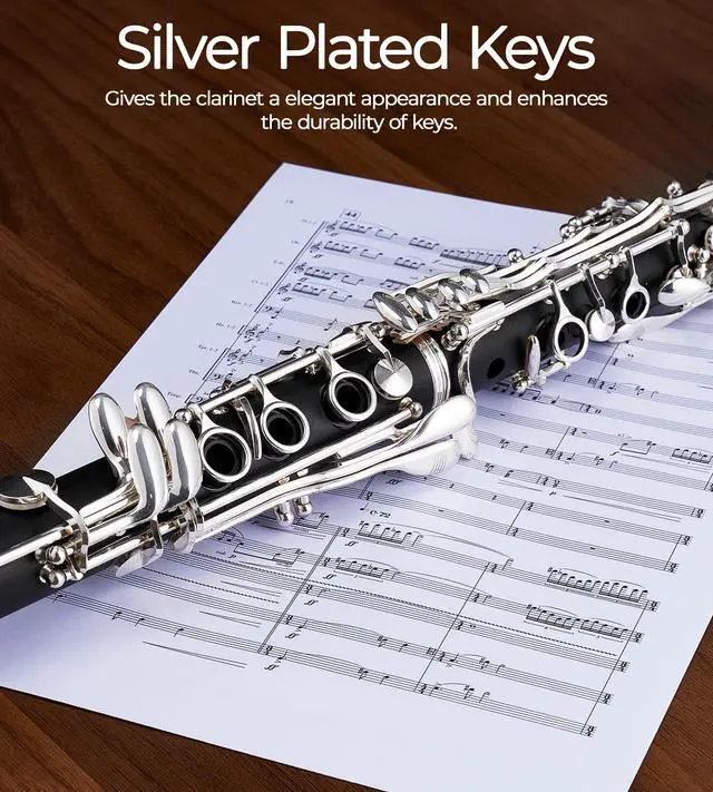 Alt view image 2 of 7 - Bb Clarinet Kit for Intermediate, Ebonite Body, Silver-Plated Keys | 17-Key French System, 2 Barrels, 4C Mouthpiece, School Band Orchestra, Student, Complete Kit