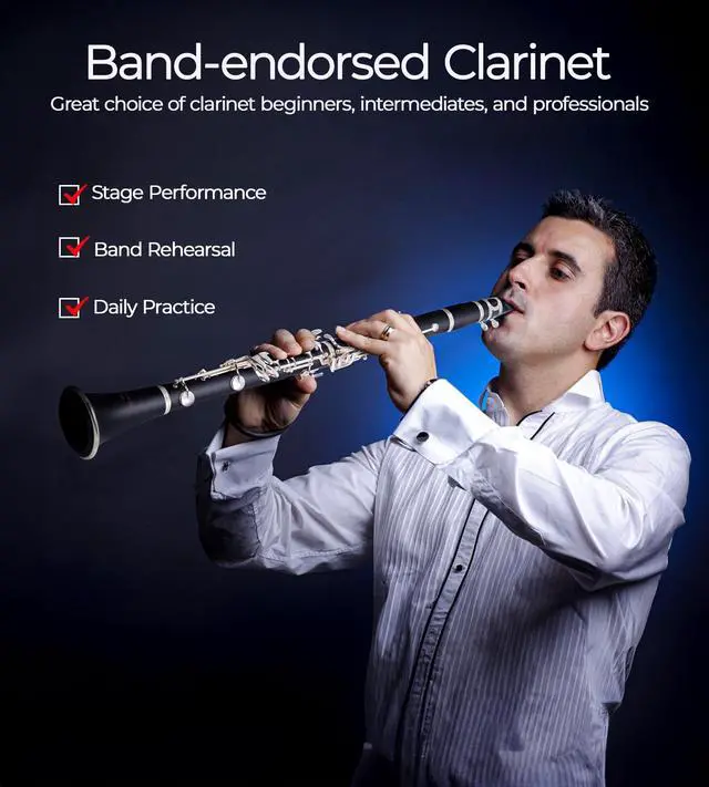 Alt view image 3 of 7 - Bb Clarinet Kit for Intermediate, Ebonite Body, Silver-Plated Keys | 17-Key French System, 2 Barrels, 4C Mouthpiece, School Band Orchestra, Student, Complete Kit