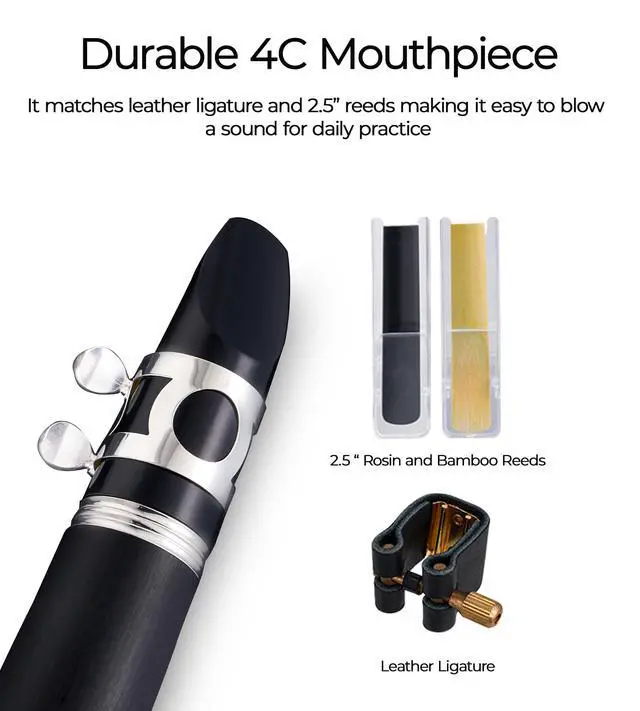 Alt view image 5 of 7 - Bb Clarinet Kit for Intermediate, Ebonite Body, Silver-Plated Keys | 17-Key French System, 2 Barrels, 4C Mouthpiece, School Band Orchestra, Student, Complete Kit