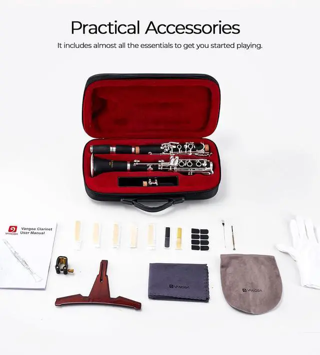 Alt view image 6 of 7 - Bb Clarinet Kit for Intermediate, Ebonite Body, Silver-Plated Keys | 17-Key French System, 2 Barrels, 4C Mouthpiece, School Band Orchestra, Student, Complete Kit