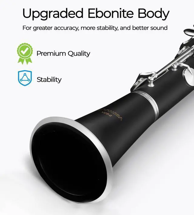 Alt view image 4 of 7 - Bb Clarinet Kit for Intermediate, Ebonite Body, Silver-Plated Keys | 17-Key French System, 2 Barrels, 4C Mouthpiece, School Band Orchestra, Student, Complete Kit