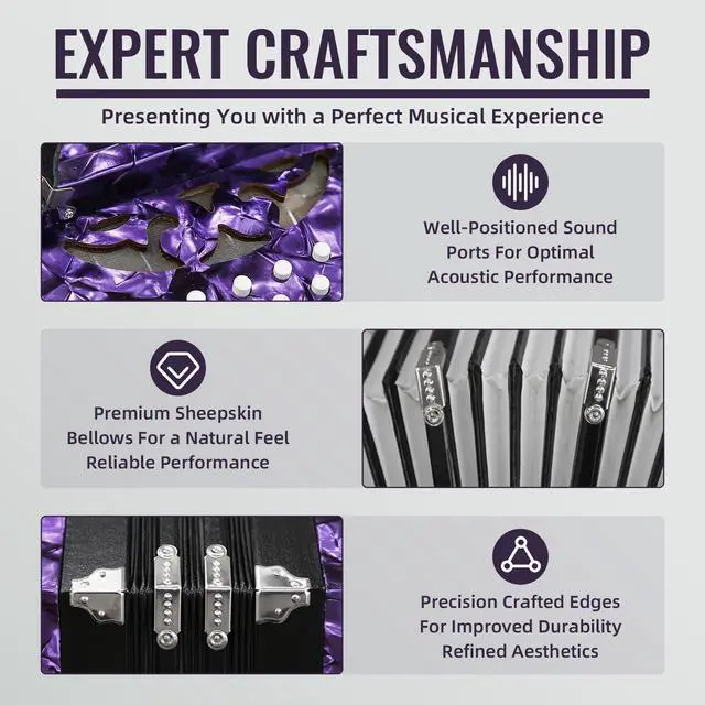 Alt view image 4 of 7 - Concertinas,20 Buttons Accordion for Beginners,Easy to learn(purple) | Sound Quality Standards,Crafted from Solid Wood,Compact and Lightweight,Easy to Store