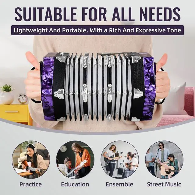 Alt view image 6 of 7 - Concertinas,20 Buttons Accordion for Beginners,Easy to learn(purple) | Sound Quality Standards,Crafted from Solid Wood,Compact and Lightweight,Easy to Store