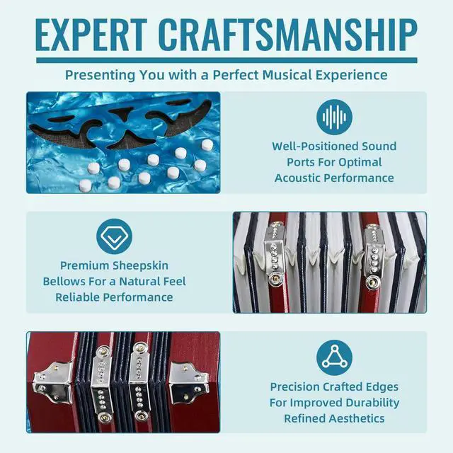 Alt view image 4 of 7 - Concertinas,20 Buttons Accordion for Beginners,Easy to learn(Blue) | Sound Quality Standards,Crafted from Solid Wood,Compact and Lightweight,Easy to Store
