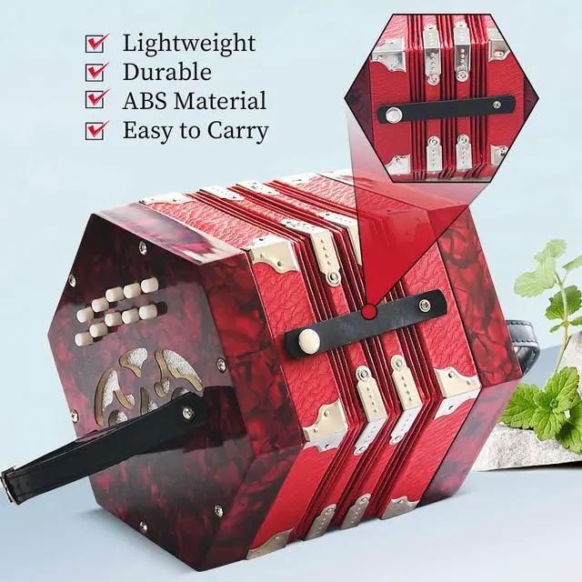 Alt view image 3 of 6 - Concertinas,20 Buttons Accordion for Beginners,Easy to learn(Red) | Sound Quality Standards,Crafted from Solid Wood,Compact and Lightweight,Easy to Store