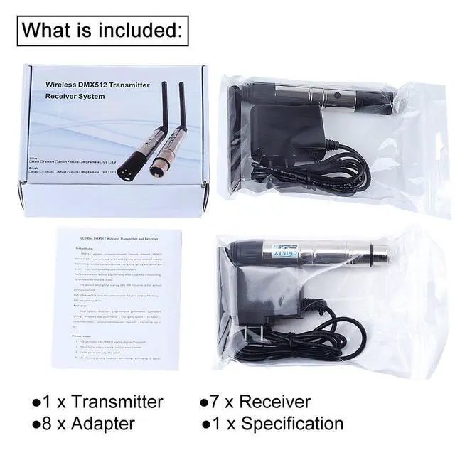 Alt view image 6 of 7 - 8pcs 2.4G DMX512 Wireless 1 Male Transmitter & 7 Female Receivers Control for Stage PAR Party Light