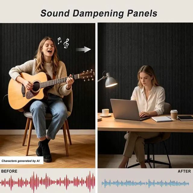 Alt view image 4 of 7 - 10 Pack Acoustic Panels, 48 x 24 Inch Black Adhesive Sound Dampening Panel | Large Sound Proof Panels for Walls, High Density Sound Absorbing Panel for Recording Studio, Home, Office
