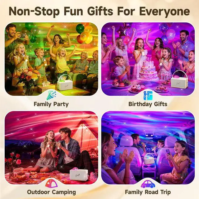 Alt view image 7 of 7 - Karaoke Machine for Kids Adults Teen with Aurora Light Projector, 16-Color 2 Karaoke Microphone for Kids Mini Karaoke Machine,6 Voice Changer Teen Girl Gifts Speaker with Microphone Wireless