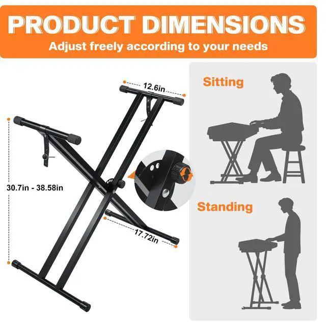 Alt view image 2 of 6 - Keyboard Stands and Bench Set,7 Adjustable Heights Double-X Keyboard Stand,Portable Keyboard Piano Stand with Locking Straps,Piano Keyboard Stand Fits for 54-88 Key Digital Pianos(9.84-29.92Inch)