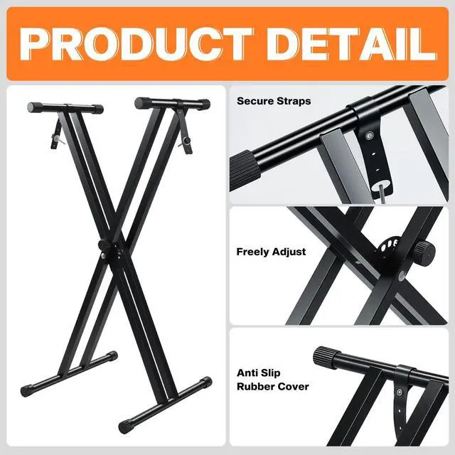 Alt view image 3 of 6 - Keyboard Stands and Bench Set,7 Adjustable Heights Double-X Keyboard Stand,Portable Keyboard Piano Stand with Locking Straps,Piano Keyboard Stand Fits for 54-88 Key Digital Pianos(9.84-29.92Inch)