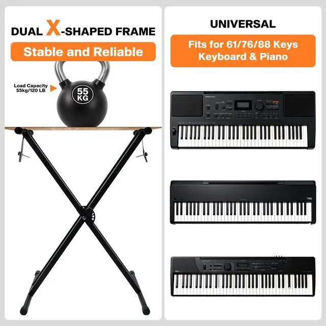 Alt view image 4 of 6 - Keyboard Stands and Bench Set,7 Adjustable Heights Double-X Keyboard Stand,Portable Keyboard Piano Stand with Locking Straps,Piano Keyboard Stand Fits for 54-88 Key Digital Pianos(9.84-29.92Inch)