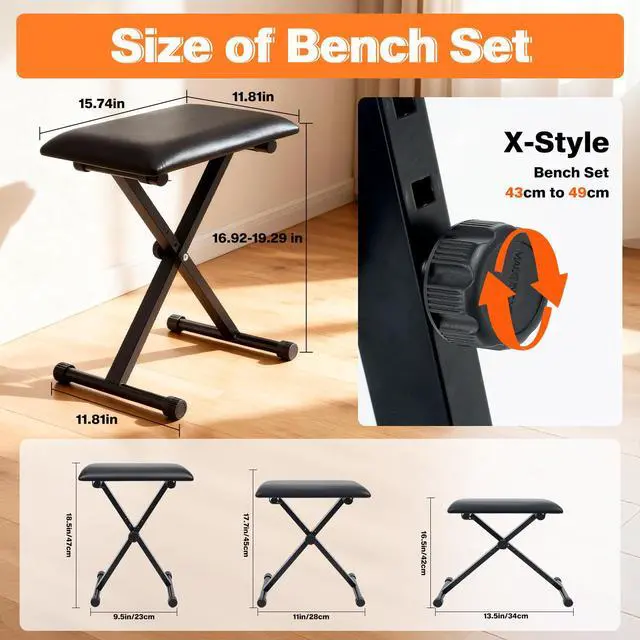 Alt view image 5 of 6 - Keyboard Stands and Bench Set,7 Adjustable Heights Double-X Keyboard Stand,Portable Keyboard Piano Stand with Locking Straps,Piano Keyboard Stand Fits for 54-88 Key Digital Pianos(9.84-29.92Inch)