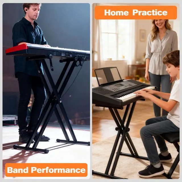 Alt view image 6 of 6 - Keyboard Stands and Bench Set,7 Adjustable Heights Double-X Keyboard Stand,Portable Keyboard Piano Stand with Locking Straps,Piano Keyboard Stand Fits for 54-88 Key Digital Pianos(9.84-29.92Inch)