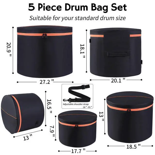 Alt view image 7 of 7 - 5 Piece Drum Bag Set for 12" 13" 14" Tom Snare, 22" Bass Drum Carrying Cases Cover Travel Drum Case Set with Shoulder Strap and Handle for Tom Snare Bass Accessories