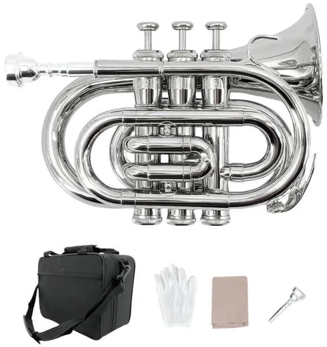 Main image of Bb Pocket Trumpet Mini Brass Instrument for Beginners, Gold Lacquer Finish with 7C Mouthpiece & Case, Ideal for Travel Marching Band Practice (Silver)