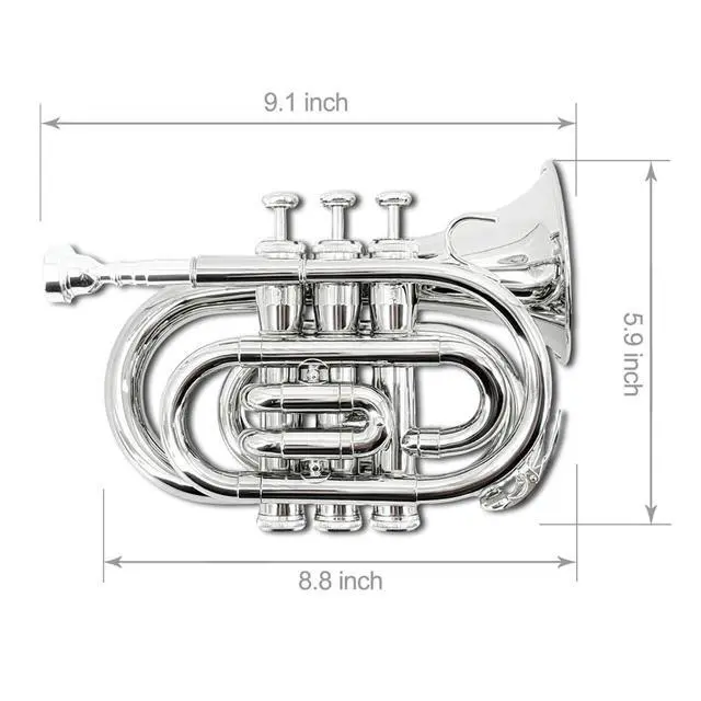 Alt view image 2 of 7 - Bb Pocket Trumpet Mini Brass Instrument for Beginners, Gold Lacquer Finish with 7C Mouthpiece & Case, Ideal for Travel Marching Band Practice (Silver)