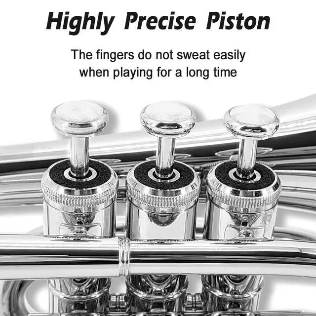 Alt view image 4 of 7 - Bb Pocket Trumpet Mini Brass Instrument for Beginners, Gold Lacquer Finish with 7C Mouthpiece & Case, Ideal for Travel Marching Band Practice (Silver)