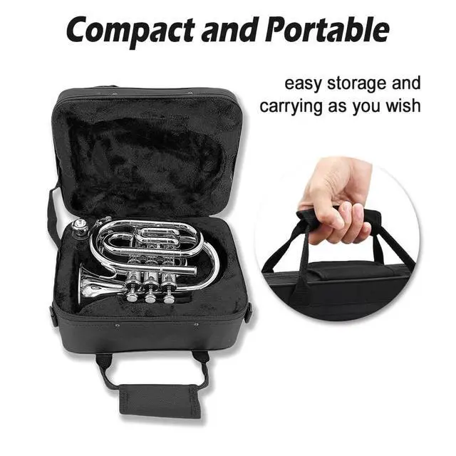 Alt view image 5 of 7 - Bb Pocket Trumpet Mini Brass Instrument for Beginners, Gold Lacquer Finish with 7C Mouthpiece & Case, Ideal for Travel Marching Band Practice (Silver)