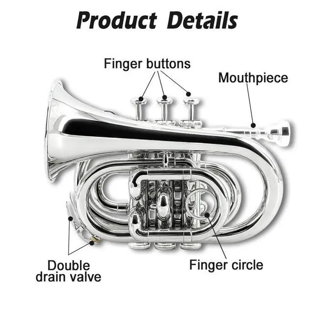 Alt view image 3 of 7 - Bb Pocket Trumpet Mini Brass Instrument for Beginners, Gold Lacquer Finish with 7C Mouthpiece & Case, Ideal for Travel Marching Band Practice (Silver)