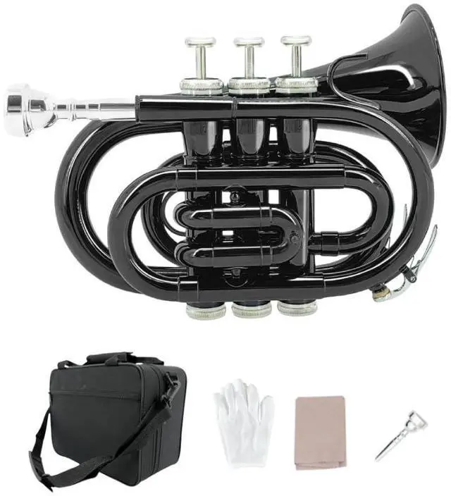 Main image of Bb Pocket Trumpet Mini Brass Instrument for Beginners, Gold Lacquer Finish with 7C Mouthpiece & Case, Ideal for Travel Marching Band Practice (Black)