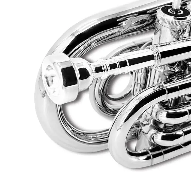 Alt view image 7 of 7 - Bb Pocket Trumpet Mini Brass Instrument for Beginners, Gold Lacquer Finish with 7C Mouthpiece & Case, Ideal for Travel Marching Band Practice (Silver)