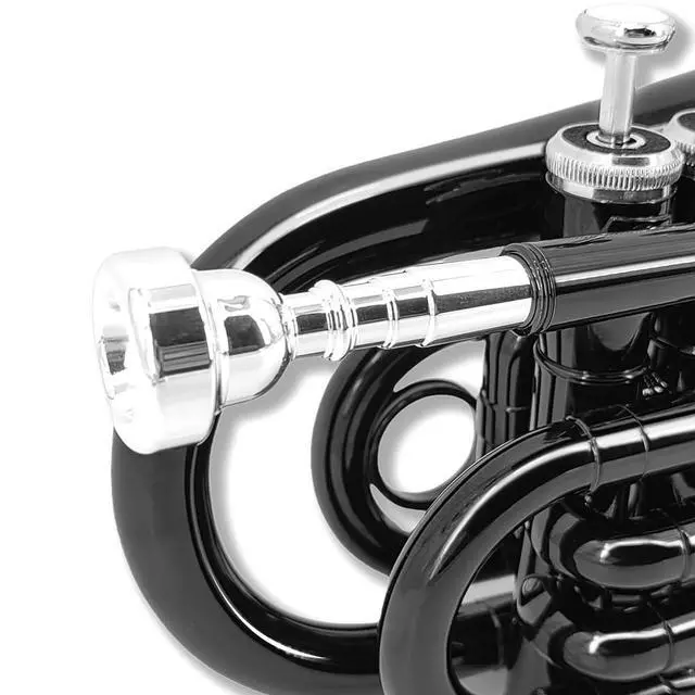 Alt view image 4 of 7 - Bb Pocket Trumpet Mini Brass Instrument for Beginners, Gold Lacquer Finish with 7C Mouthpiece & Case, Ideal for Travel Marching Band Practice (Black)