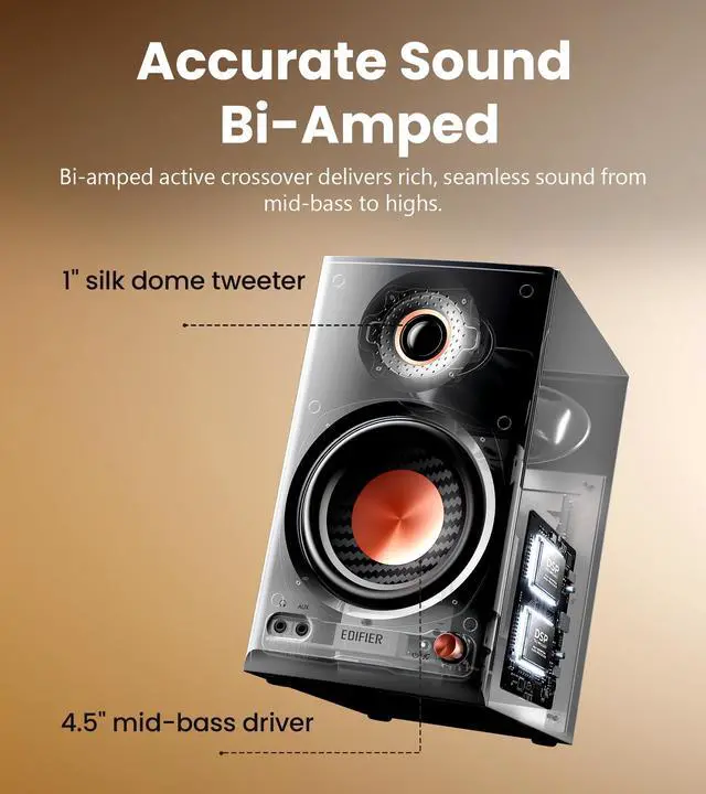 Alt view image 2 of 7 - MR4.5 Bi-Amped Studio Monitor, 80W RMS Bookshelf Speakers - Black | 4.5" Woofer 1" Silk Tweeter Hi-Res Audio Bluetooth 6.0 LDAC XLR/TRS/RCA/AUX Input Music Production Video Editing Home Audio