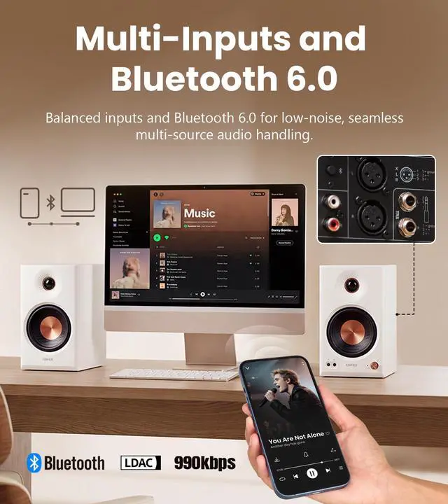 Alt view image 7 of 7 - MR4.5 Bi-Amped Studio Monitor, 80W RMS Bookshelf Speakers - White | 4.5" Woofer 1" Silk Tweeter Hi-Res Audio Bluetooth 6.0 LDAC XLR/TRS/RCA/AUX Input Music Production Video Editing Home Audio