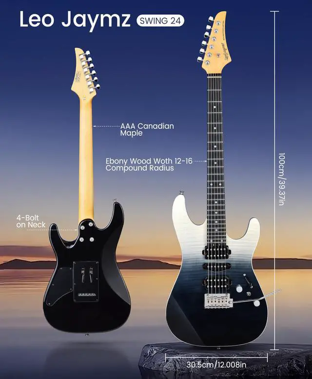 Alt view image 2 of 7 - SW Electric Guitar, Flame Maple Top, Synthetic Ebony Fingerboard, 304 Stainless Steel Frets, 12"-16" Compound Radius, Alnico 5 Pickups, Small Double Locking Tremolo (Transparent faded Black)