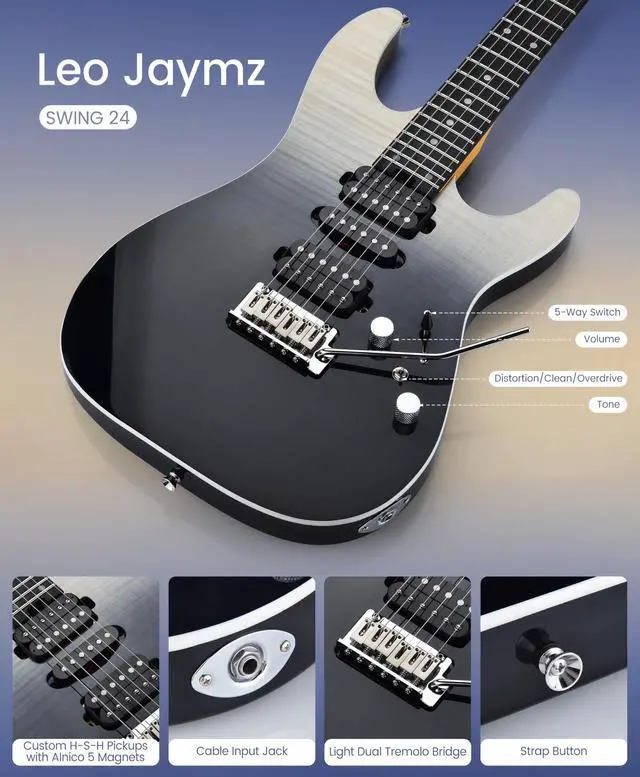 Alt view image 4 of 7 - SW Electric Guitar, Flame Maple Top, Synthetic Ebony Fingerboard, 304 Stainless Steel Frets, 12"-16" Compound Radius, Alnico 5 Pickups, Small Double Locking Tremolo (Transparent faded Black)