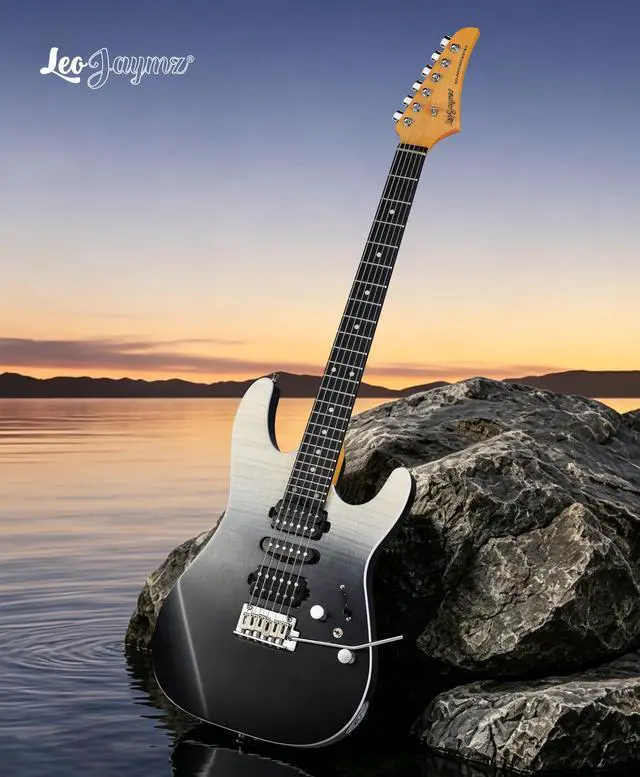 Alt view image 6 of 7 - SW Electric Guitar, Flame Maple Top, Synthetic Ebony Fingerboard, 304 Stainless Steel Frets, 12"-16" Compound Radius, Alnico 5 Pickups, Small Double Locking Tremolo (Transparent faded Black)