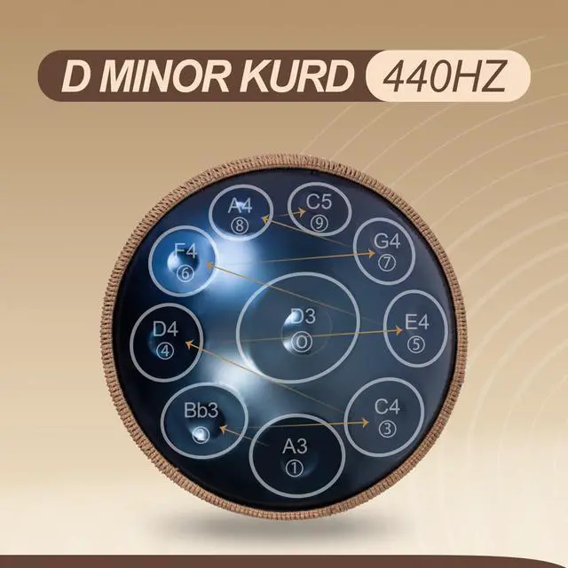 Alt view image 2 of 6 - Handpan Drum - 22-Inch 10-Note D Kurd 440Hz - Hand Tuning Handpan - Includes Soft Bag, Mallets, Stand, Note Stickers, Cleaning Cloth - Artist Performance Video