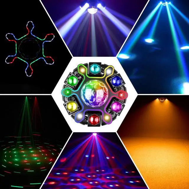 Alt view image 2 of 6 - Moving Head DJ Lights, 5in1 Stage Effect Light with 6-Arm LED Beam, Disco Ball, Starry Projection, Strobe, Colorful Light Strip, Support DMX-512 & Remote for Party DJs Gig Bar Club Wedding