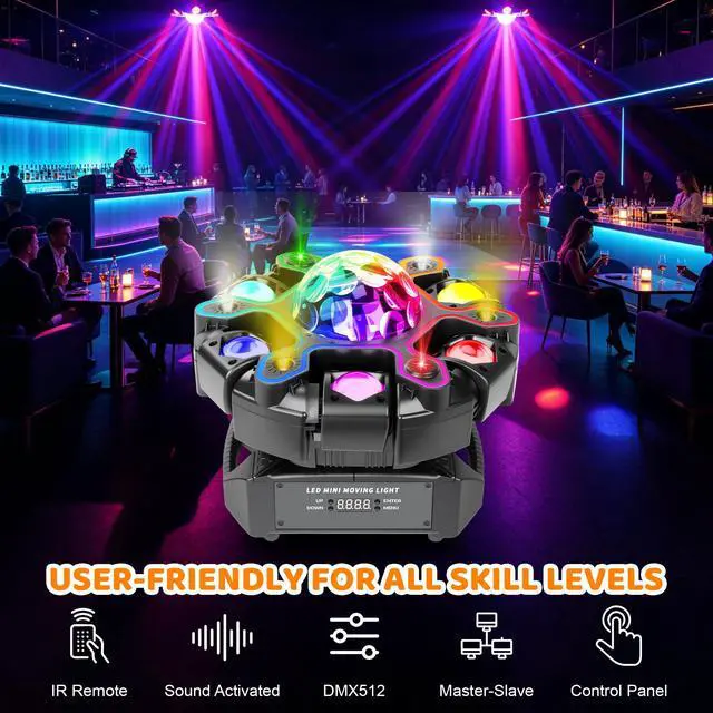 Alt view image 4 of 6 - Moving Head DJ Lights, 5in1 Stage Effect Light with 6-Arm LED Beam, Disco Ball, Starry Projection, Strobe, Colorful Light Strip, Support DMX-512 & Remote for Party DJs Gig Bar Club Wedding