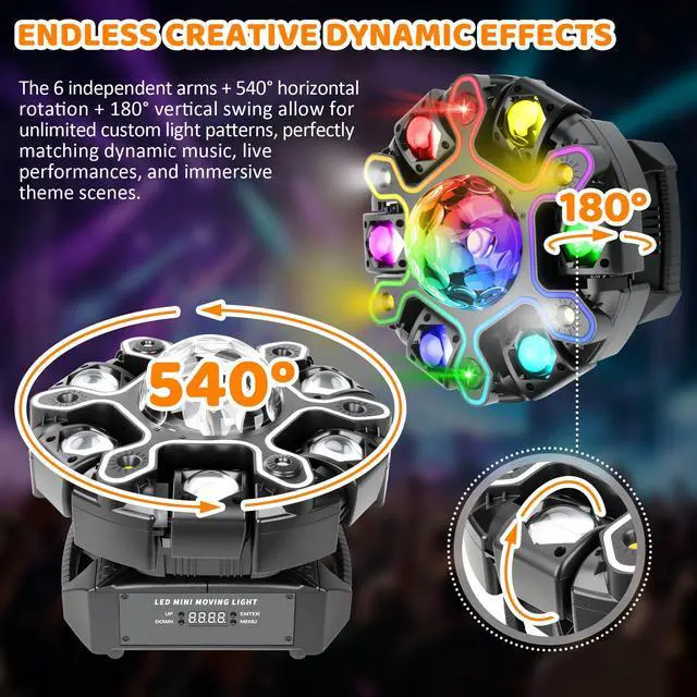 Alt view image 5 of 6 - Moving Head DJ Lights, 5in1 Stage Effect Light with 6-Arm LED Beam, Disco Ball, Starry Projection, Strobe, Colorful Light Strip, Support DMX-512 & Remote for Party DJs Gig Bar Club Wedding