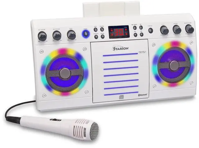 Main image of KS303W-B Portable Bluetooth/CD+G Karaoke Machine - White l Built-in Stereo Speakers l Detachable Tablet Holder l Multi-Color Light Effects l Built-in Bluetooth Receiver l Microphone Included