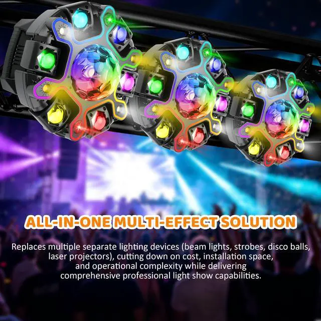 Alt view image 3 of 6 - Moving Head DJ Lights, 5in1 Stage Effect Light with 6-Arm LED Beam, Disco Ball, Starry Projection, Strobe, Colorful Light Strip, Support DMX-512 & Remote for Party DJs Gig Bar Club Wedding