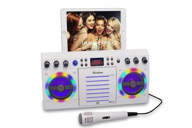 Alt view image 2 of 7 - KS303W-B Portable Bluetooth/CD+G Karaoke Machine - White l Built-in Stereo Speakers l Detachable Tablet Holder l Multi-Color Light Effects l Built-in Bluetooth Receiver l Microphone Included